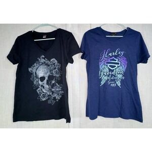 Harley Davidson Lot of 2 Women's T-Shirts M Medium Blue Black Skull